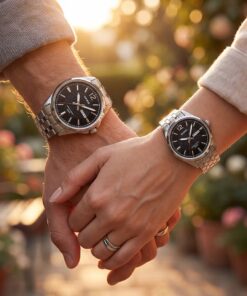 Couple holding hand and wearing Casio MTP 1335D 1AV and LTP 1335D 1AV anniversary gift watch