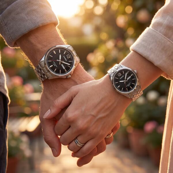 Couple holding hand and wearing Casio MTP 1335D 1AV and LTP 1335D 1AV anniversary gift watch