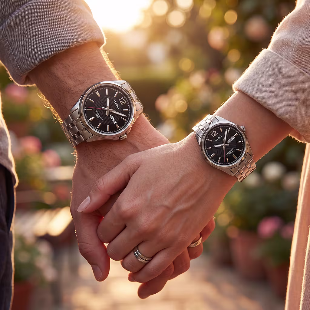 Couple holding hand and wearing Casio MTP 1335D 1AV and LTP 1335D 1AV anniversary gift watch
