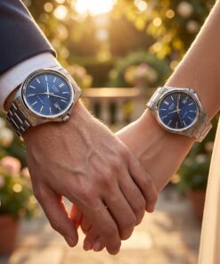 Couple wearing blue Casio couple gift watch set. Male wearing MTP 1183 2A blue gift watch and Ladies wearing LTP 1183 2A blue gift watch