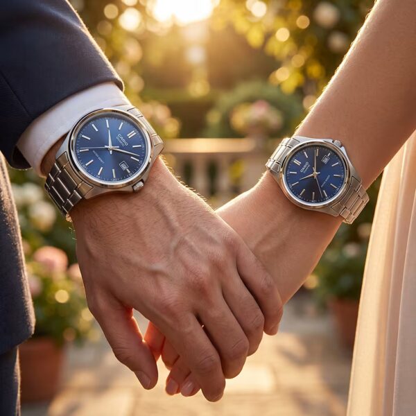 Couple wearing blue Casio couple gift watch set. Male wearing MTP 1183 2A blue gift watch and Ladies wearing LTP 1183 2A blue gift watch