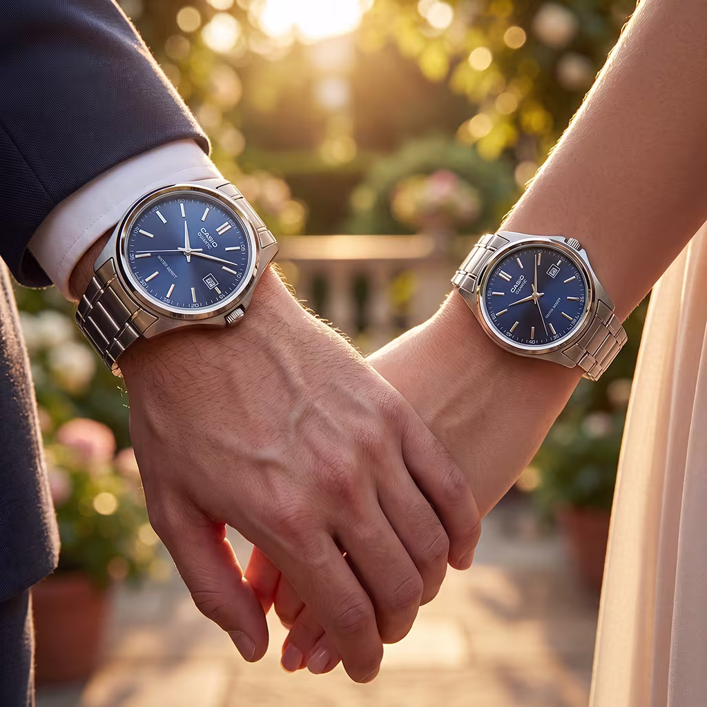 Couple wearing blue Casio couple gift watch set. Male wearing MTP 1183 2A blue gift watch and Ladies wearing LTP 1183 2A blue gift watch