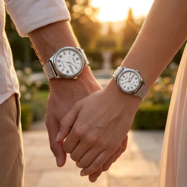 Elegant Roman Dial Couple Watches by Casio showcased on couple wrists
