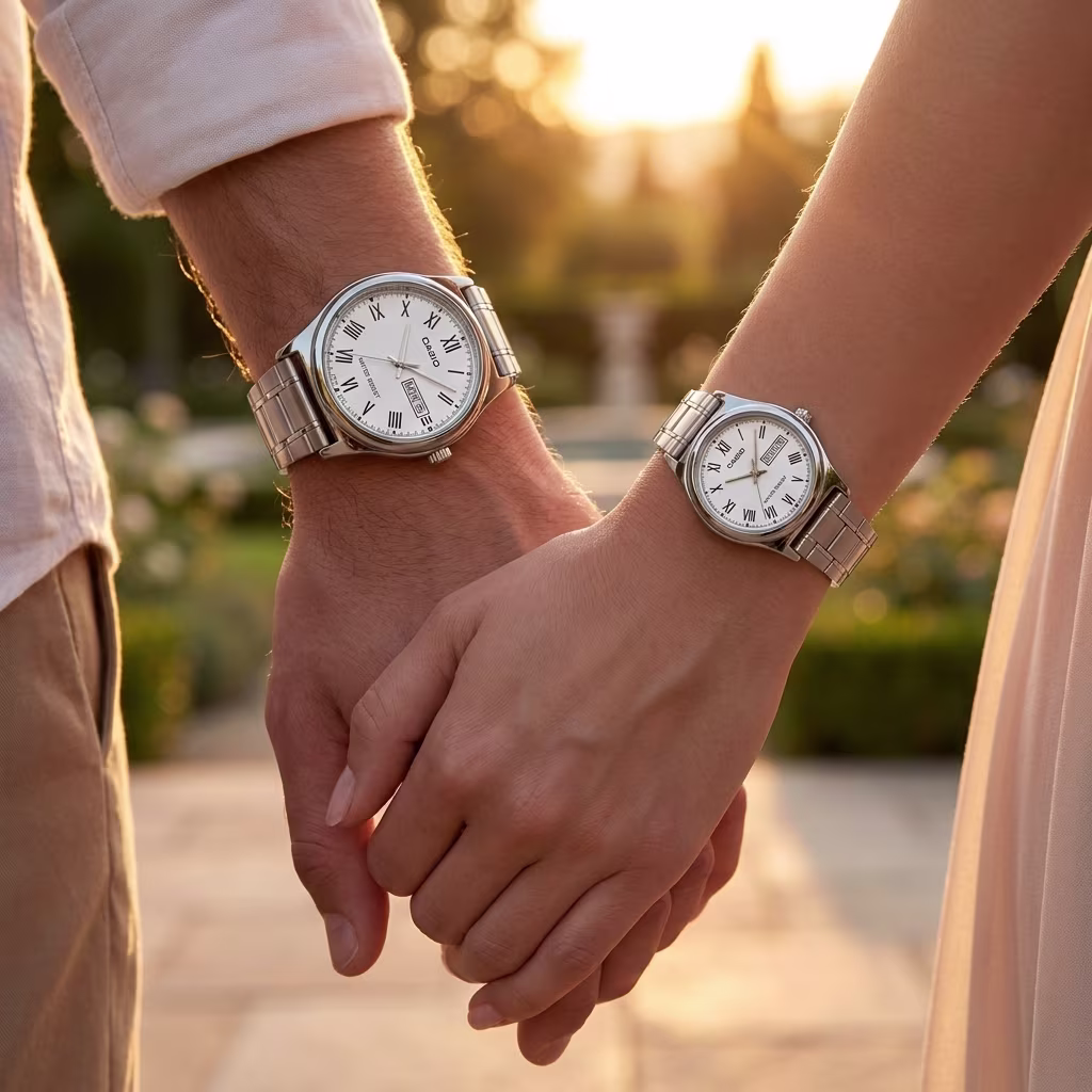 Elegant Roman Dial Couple Watches by Casio showcased on couple wrists
