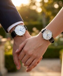 Anniversary Gift Watch Set with Black Leather Strap showcased on couple wrists