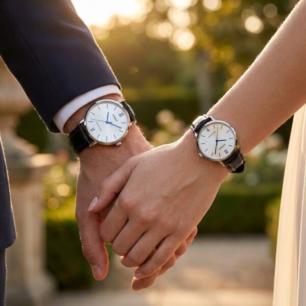 Anniversary Gift Watch Set with Black Leather Strap showcased on couple wrists