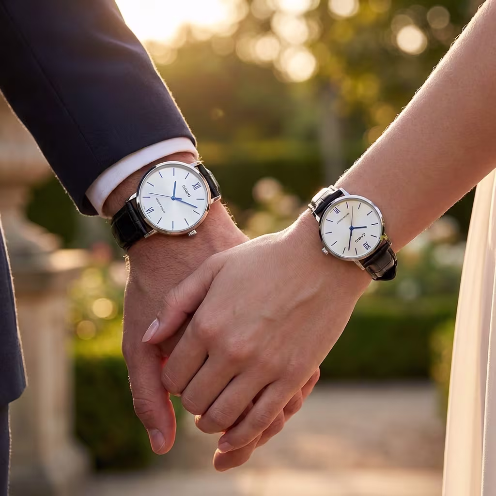 Anniversary Gift Watch Set with Black Leather Strap showcased on couple wrists