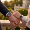 Couple holding Casio gift watches. Male wearing MTP 1303D 1AV and female wearing LTP 1303D 1AV