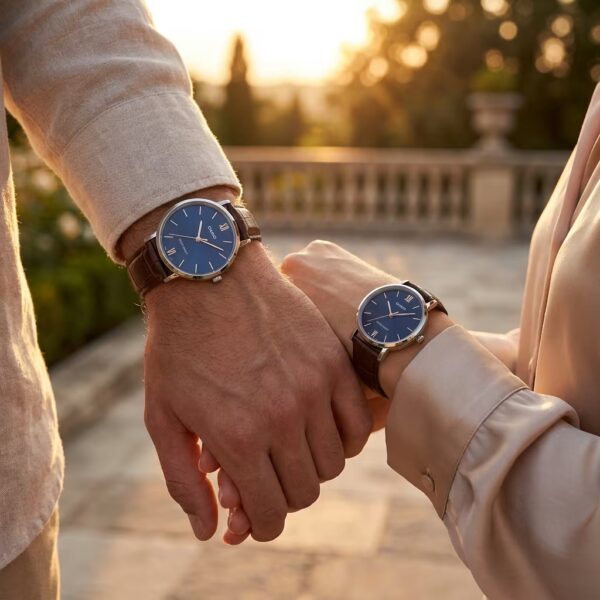 Premium Casio Brown Leather Blue Dial Couple Watch Set - Image 2