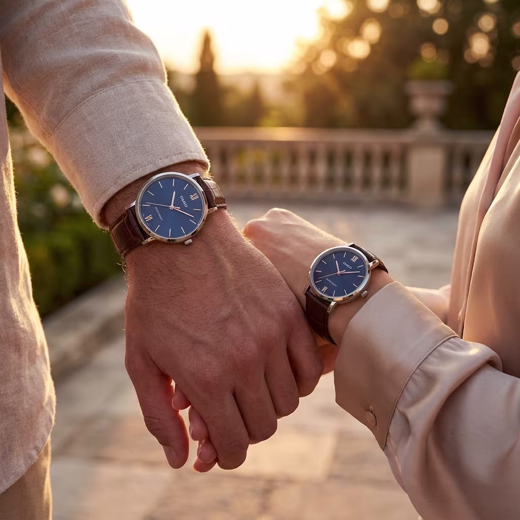 Premium Casio Brown Leather Blue Dial Couple Watch Set - Image 2