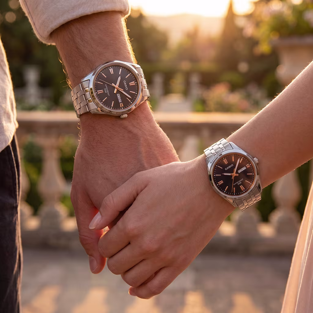 Couple holding hand wearing Casio MTP 1335D 1A2 and LTP 1335D 1A2 gift watches