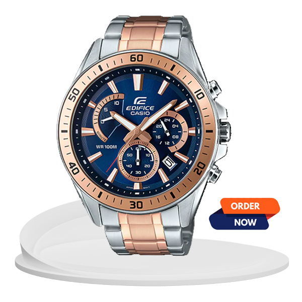 CASIO EDIFICE EFR-552SG-2A rose gold silver chain & blue chronograph dial mens gift watch