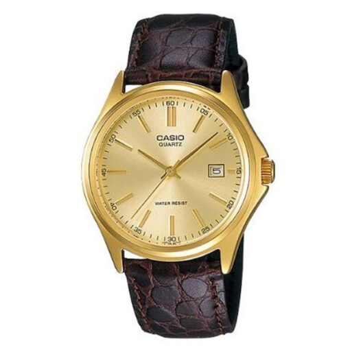 mtp-1183q-9a brown leather band golden analog dial men;s gift watch
