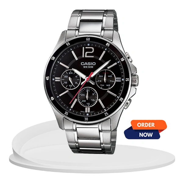 Casio MTP-1374-1AV black multi-hand dial men's best selling wrist watch in silver stainless steel chain