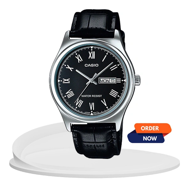 Casio black leather men's wrist watch in black roman analog dial