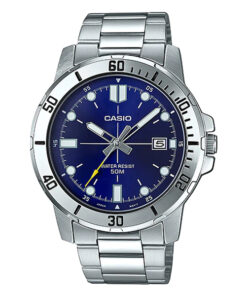 casio mtp-vd01d-2e blue analog dial silver stainless steel men's wrist watch