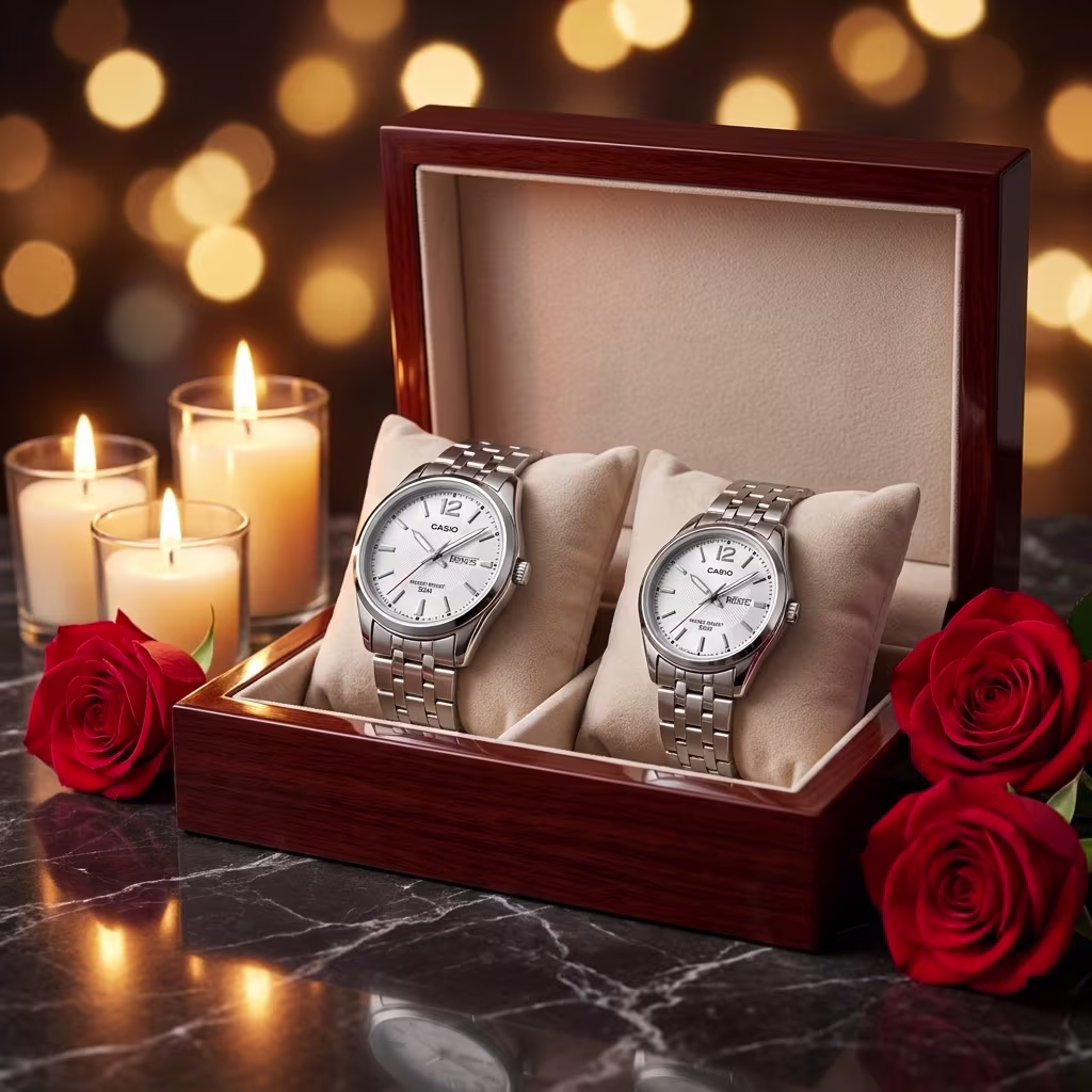 Silver Wedding Anniversary Gift Watch Set displayed on a premium gift watch set box