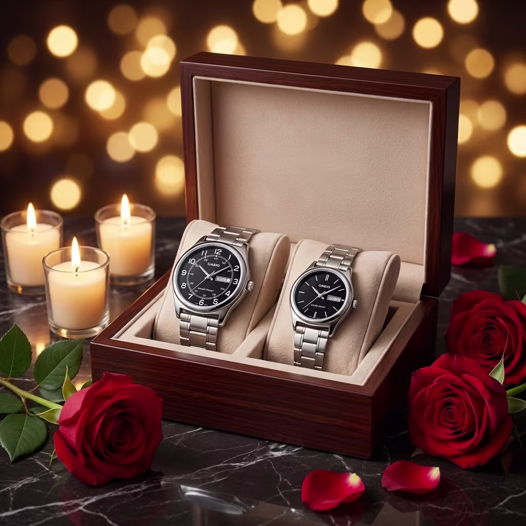 Original Casio Black Dial His & Her Watch Set in a wooden gift box