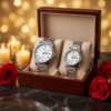 Casio White Dial Stainless Steel Couple Watch Set in a premium gift box display