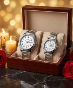 Casio White Dial Stainless Steel Couple Watch Set in a premium gift box display