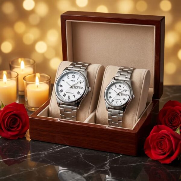 Casio White Dial Stainless Steel Couple Watch Set in a premium gift box display