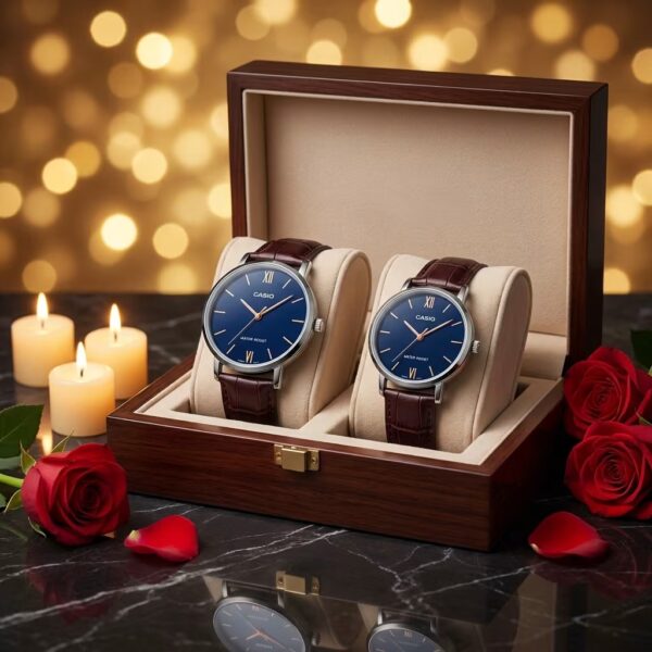 Casio Brown Leather Blue Dial Couple Watch Set Pakistan