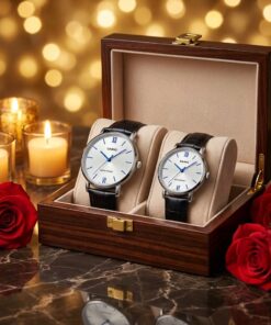 Elegant Leather Couple Watch Gift Set in a premium gift box