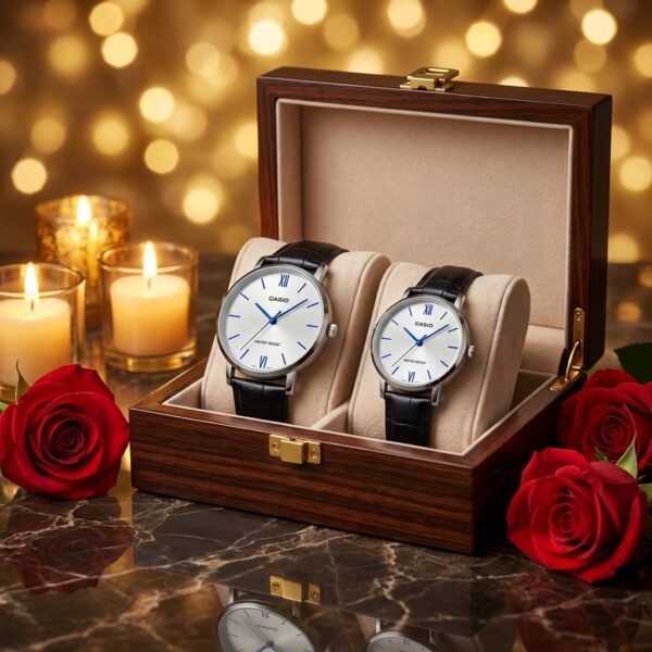 Elegant Leather Couple Watch Gift Set in a premium gift box