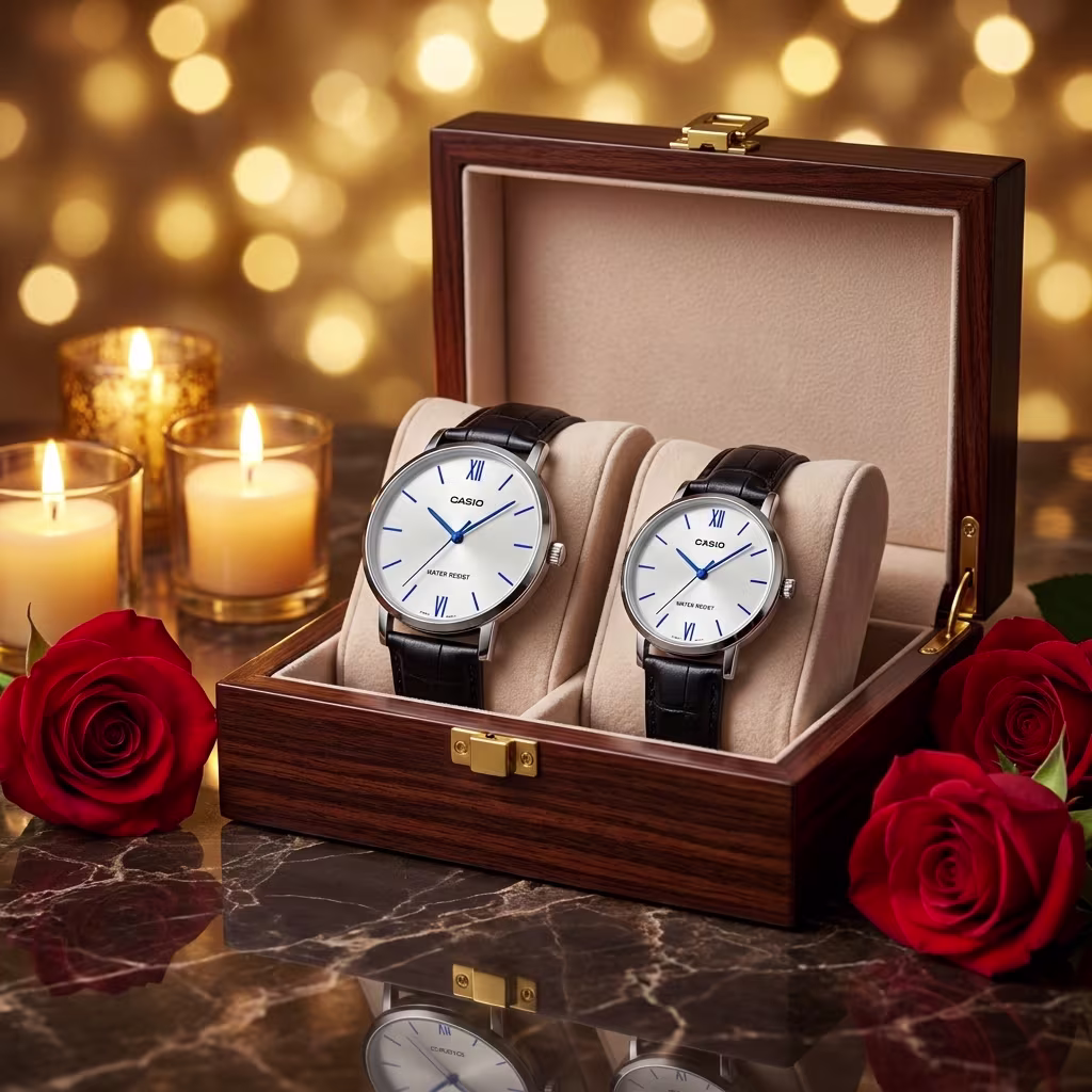 Elegant Leather Couple Watch Gift Set in a premium gift box