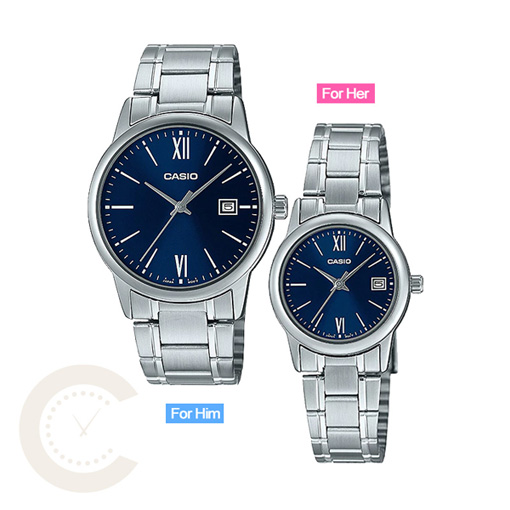 Casio V002D-2B3 classic blue roman dial stainless steel pair watch for couple