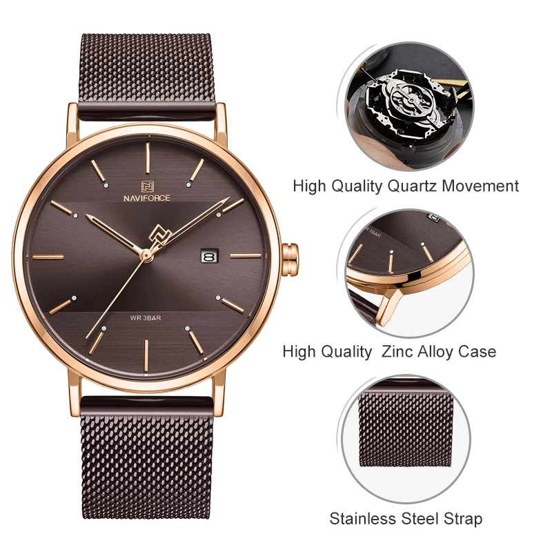 NaviForce-3008 brown dial men's analog watch features