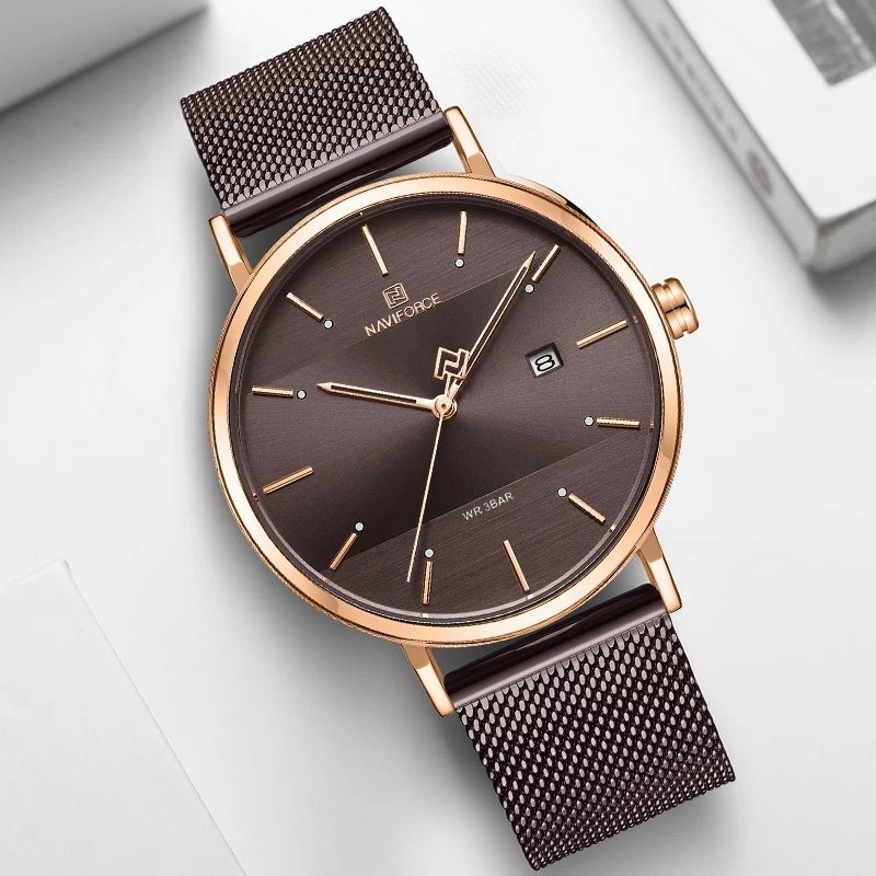 NaviForce-3008 brown mesh chain brown round analog dial men's casual wear watch