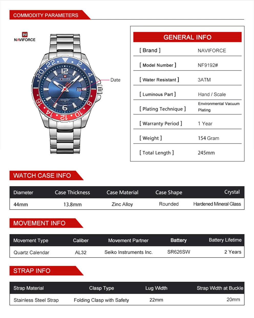 NaviForce-9192 men's analog wrist watch specifications