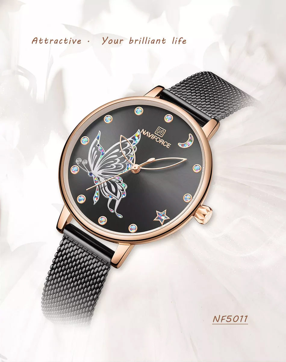 NaviForce NF5011 full black mesh chain & black analog dial ladies stylish wrist watch