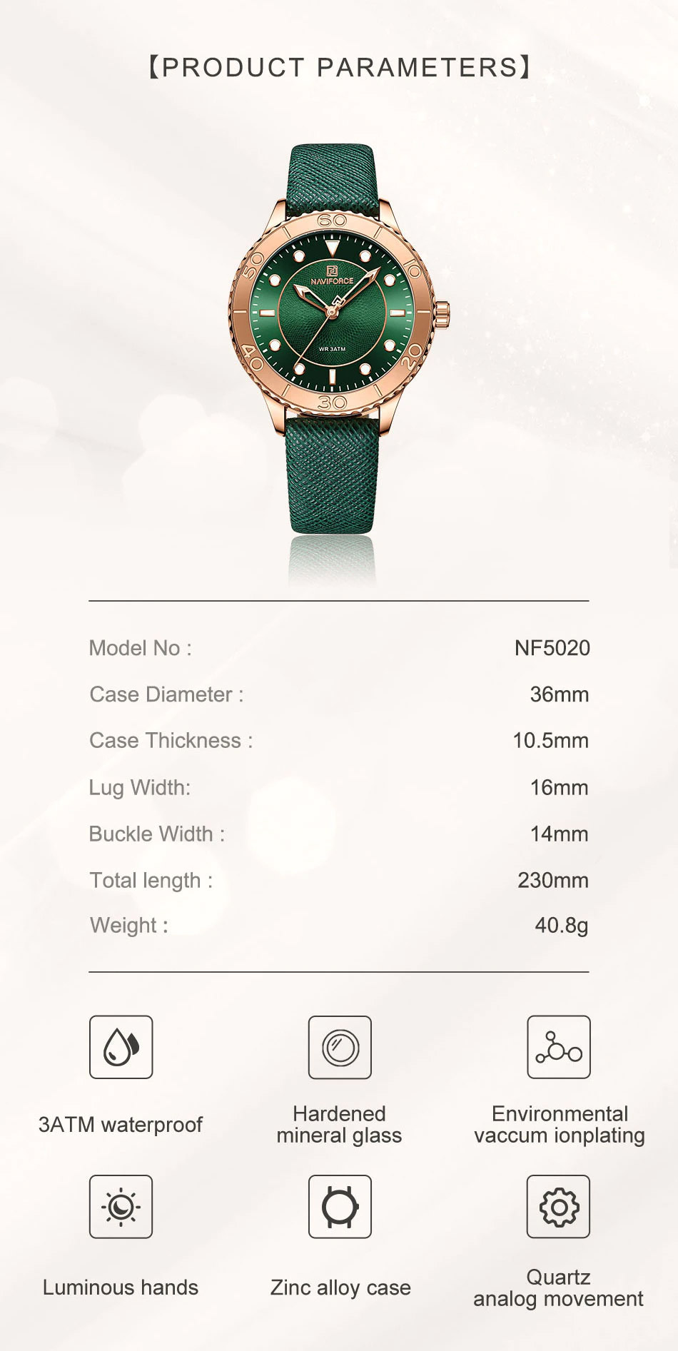 NaviForce NF5020 round green dial green leather strap watch specifications