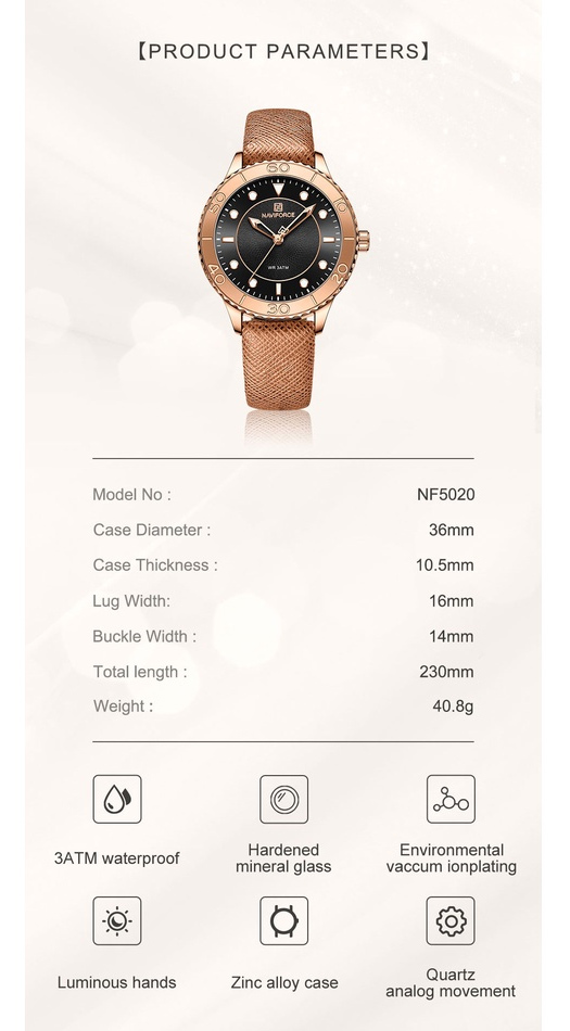 NaviForce NF5020 black round analog dial ladies wrist watch in brown leather strap specifcations