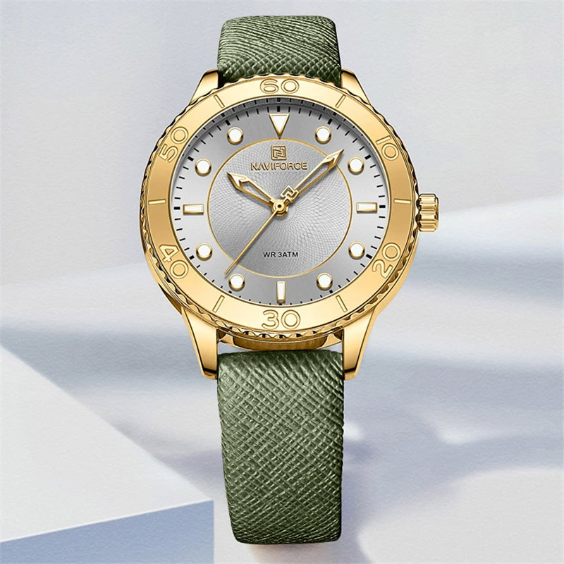 NaviForce NF5020 green leather strap round silver dial ladies quartz watch