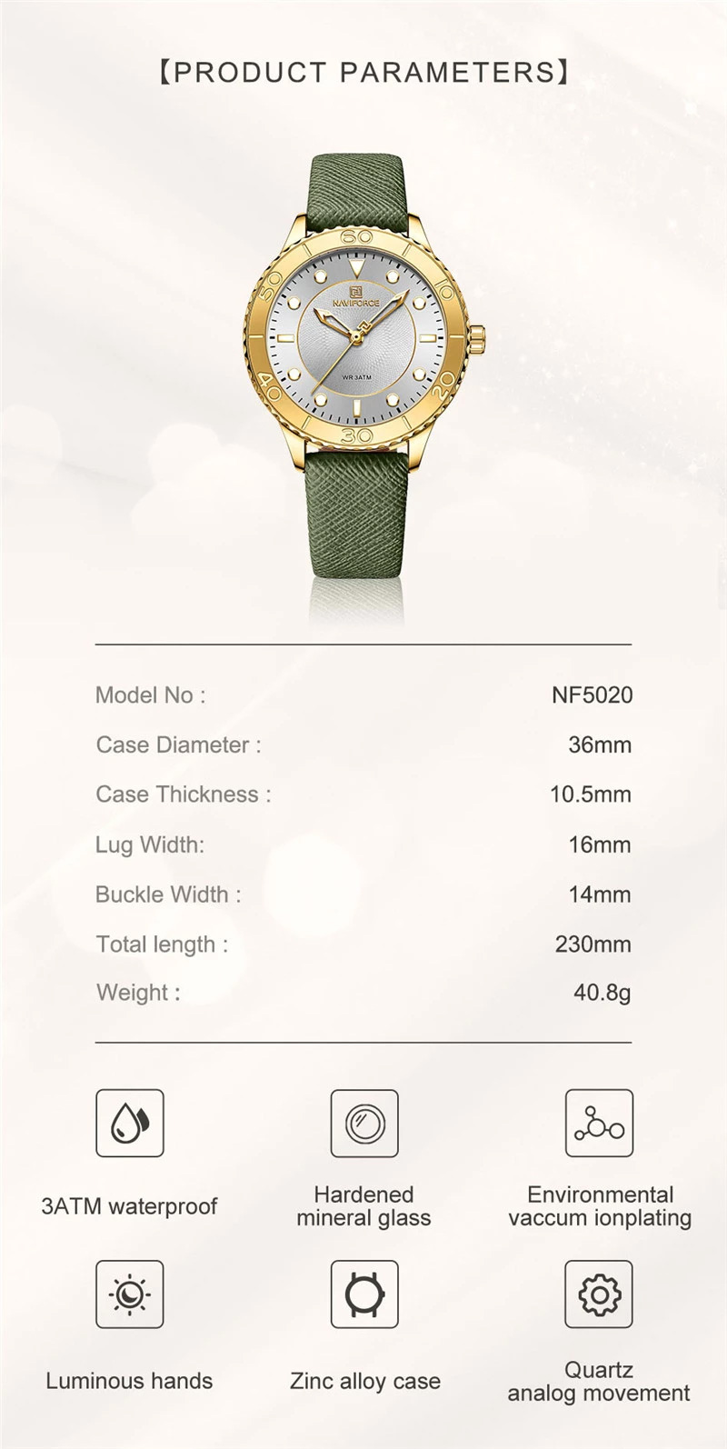 NaviForce NF5020 round silver dial green leather strap watch specifications