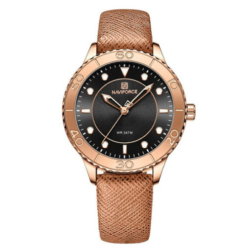 NaviForce NF5020 brown leather strap black dial ladies hand watch