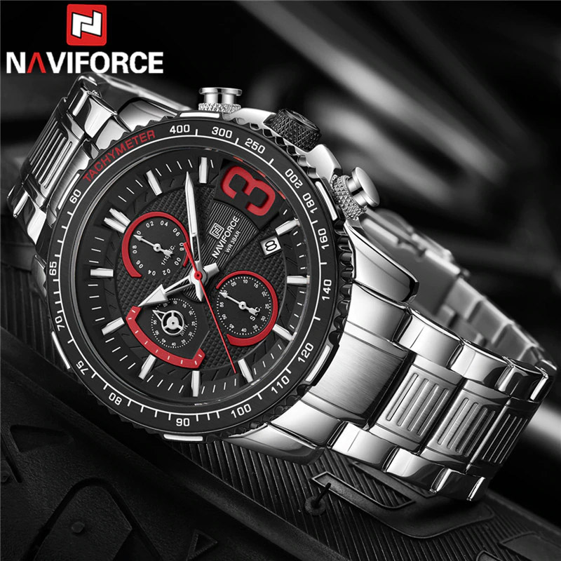 NaviForce NF8017 silver stainless steel black dial men's chronograph wrist watch