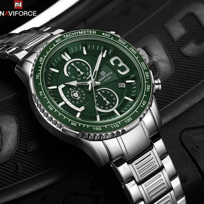 NaviForce-NF8017 stylish green analog dial watch with chronograph feature