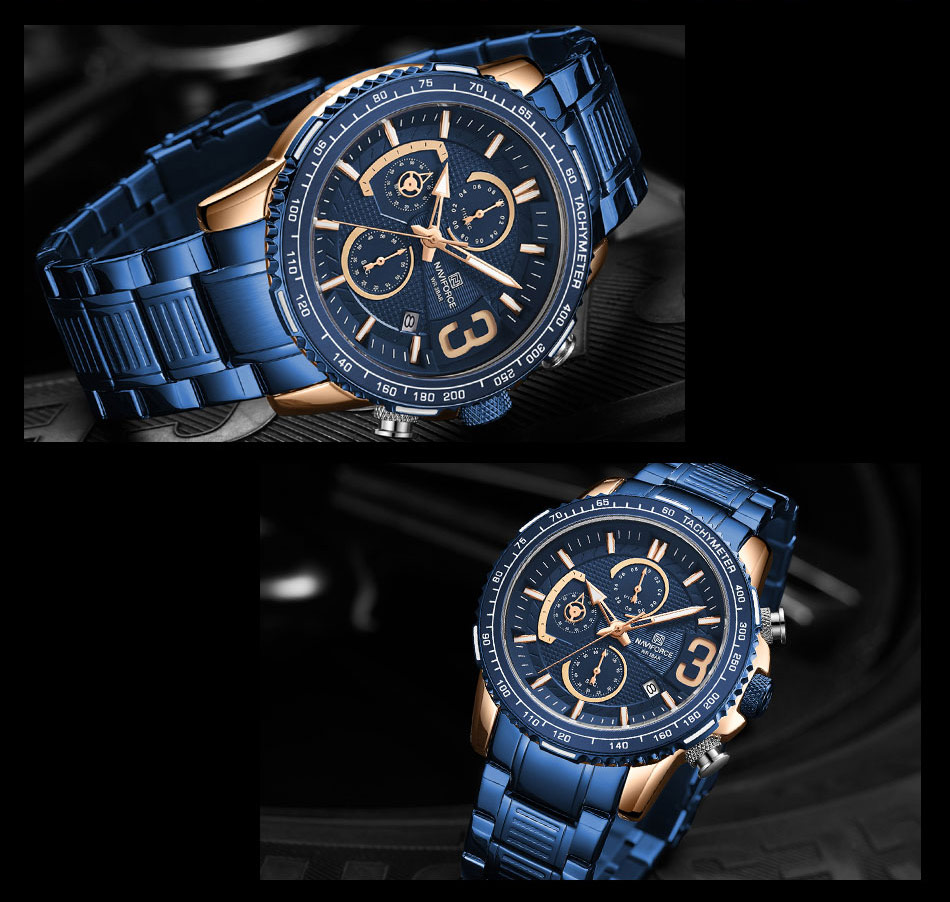 NaviForce-NF8017 stylish blue stainless steel blue dial men's chronograph luxury wrist watch