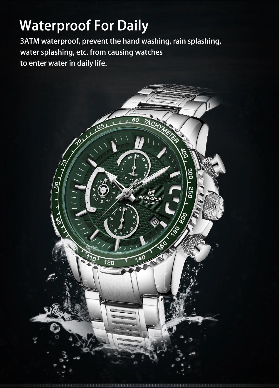 NaviForce-NF8017 silver chain green dial waterproof watch