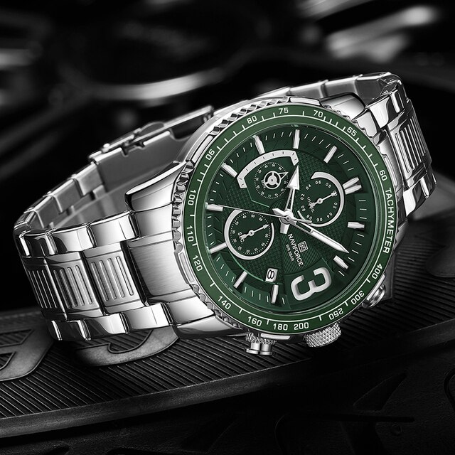 NaviForce-NF8017 stylish green analog dial watch with chronograph feature