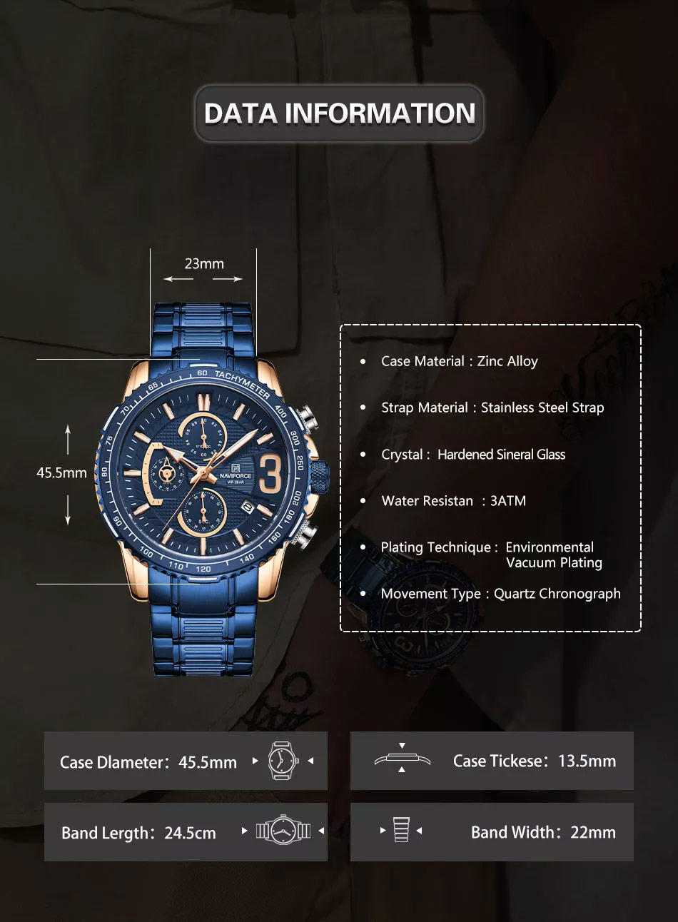NaviForce-NF8017 blue chain & dial men's watch specifications