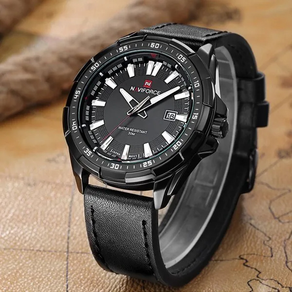 NaviForce-NF9056 men's wrist watch in black leather strap black analog dial