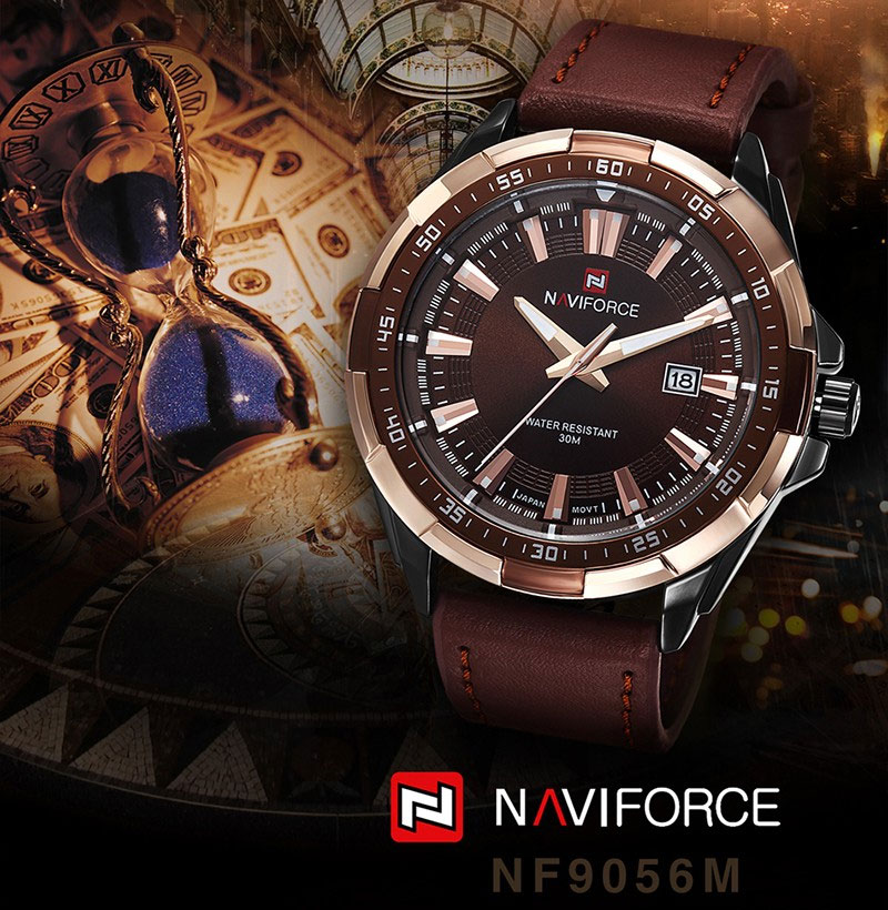 NaviForce-NF9056 brown dial & leather strap stylish hand watch