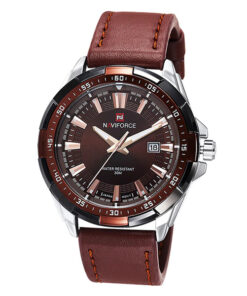 NaviForce-NF9056 brown leather strap silver dial case brown dial men's wrist watch