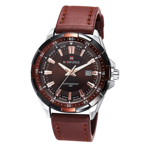 NaviForce-NF9056 brown leather strap silver dial case brown dial men's wrist watch