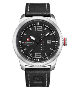 NaviForce-NF9063 black leather strap silver case black dial men's analog watch